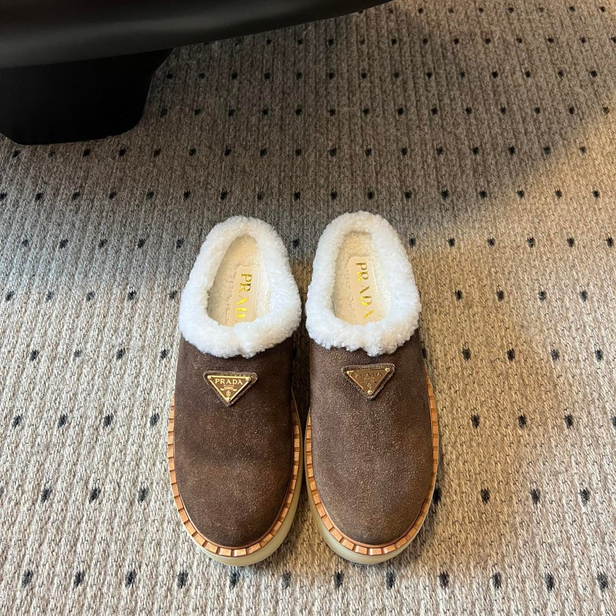 Prada 25s Furry Half-Cover Slippers Brown Suede And Wool 538428