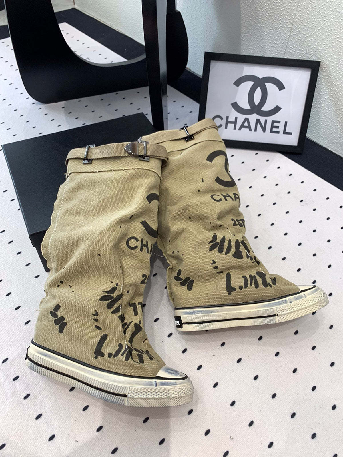 CC High-Top Canvas Boots Beige Black Denim Fabric  938050