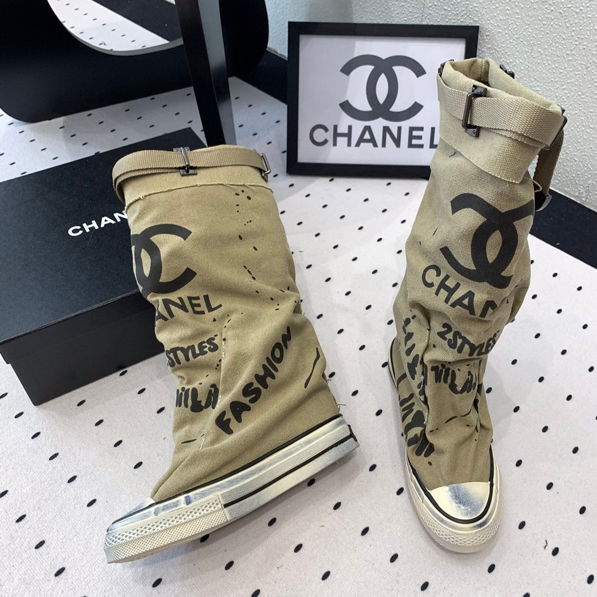 CC High-Top Canvas Boots Beige Black Denim Fabric  938050