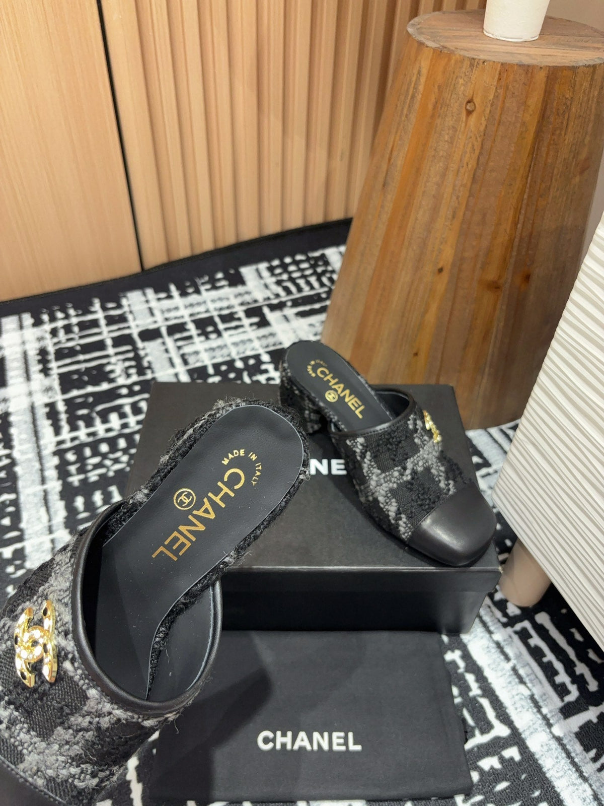 CC Mule 60mm In Black Wool Tweed And Lambskin Gold Hardware