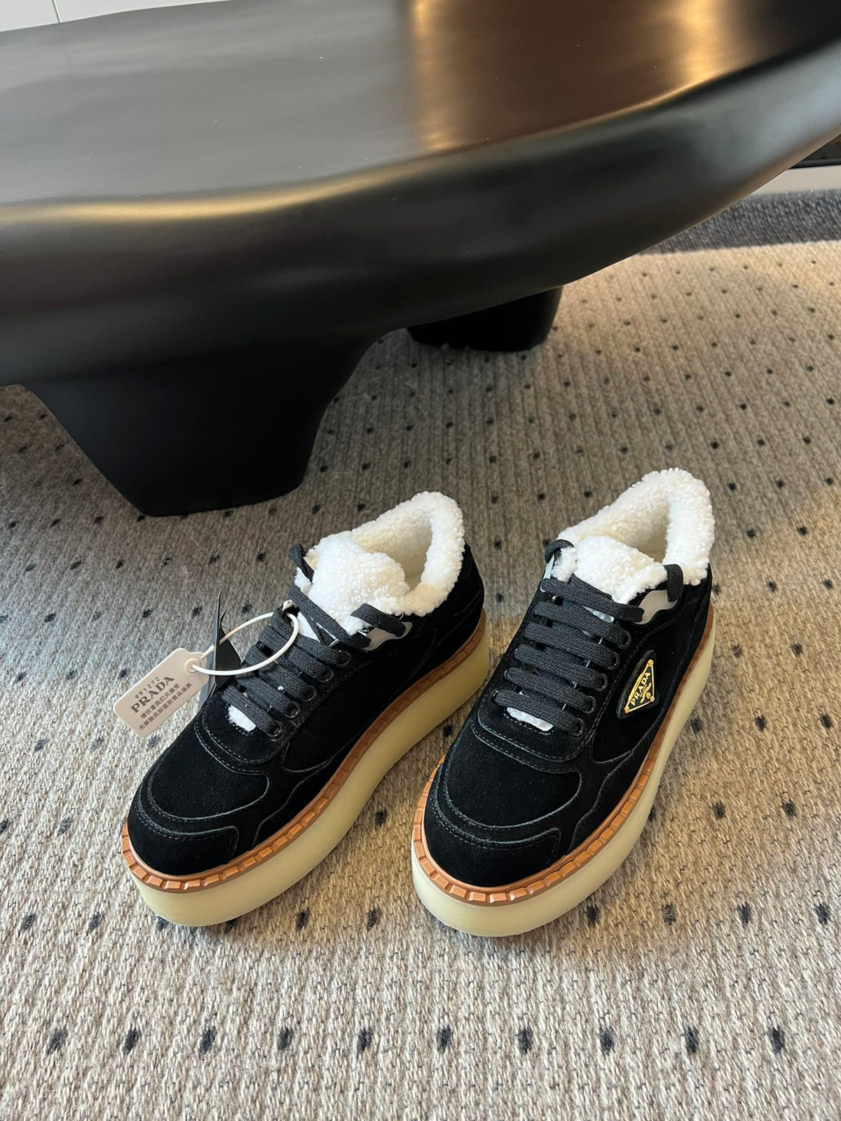 Prada 25s Mid-Top Sneaker Black Suede And Wool 538435