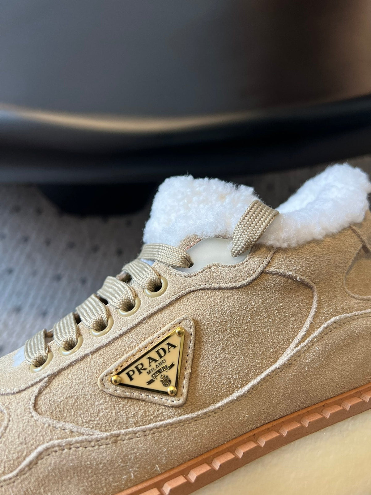 Prada 25s Mid-Top Sneaker Beige Suede And Wool 538436