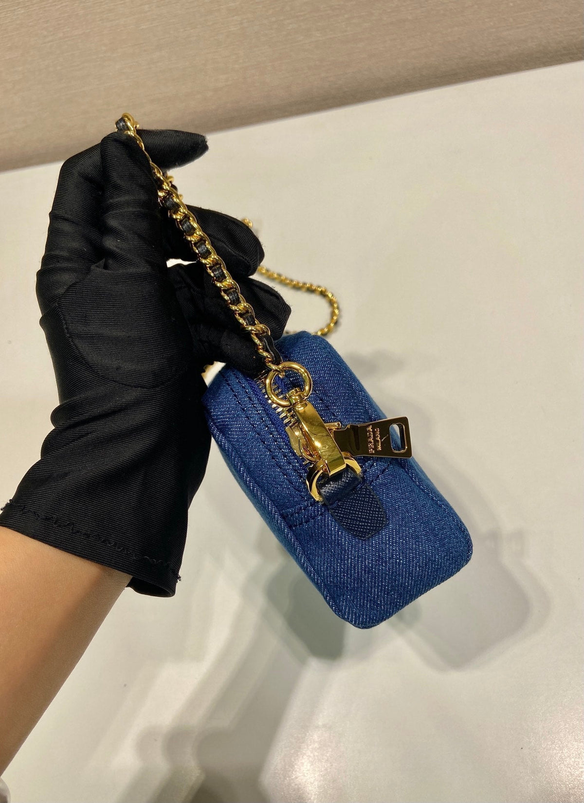MINI BAG 14 IN AZURE BLUE DENIM GOLD HARDWARE