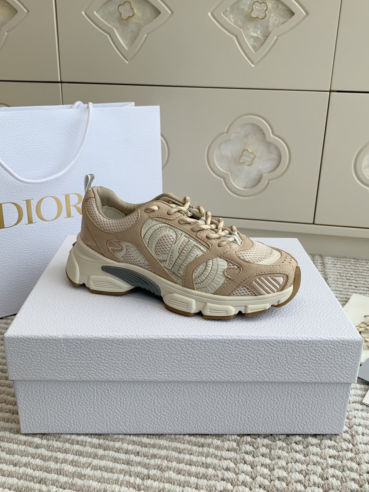 CD Chrono Sneaker In Light Brown And Ivory White Mesh Fabric And Suede 105379