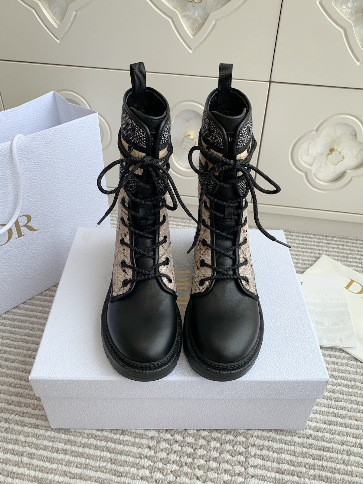 CD D-Major Ankle Boot In Dark Beige Mix Black Canvas And Cowhide 105071