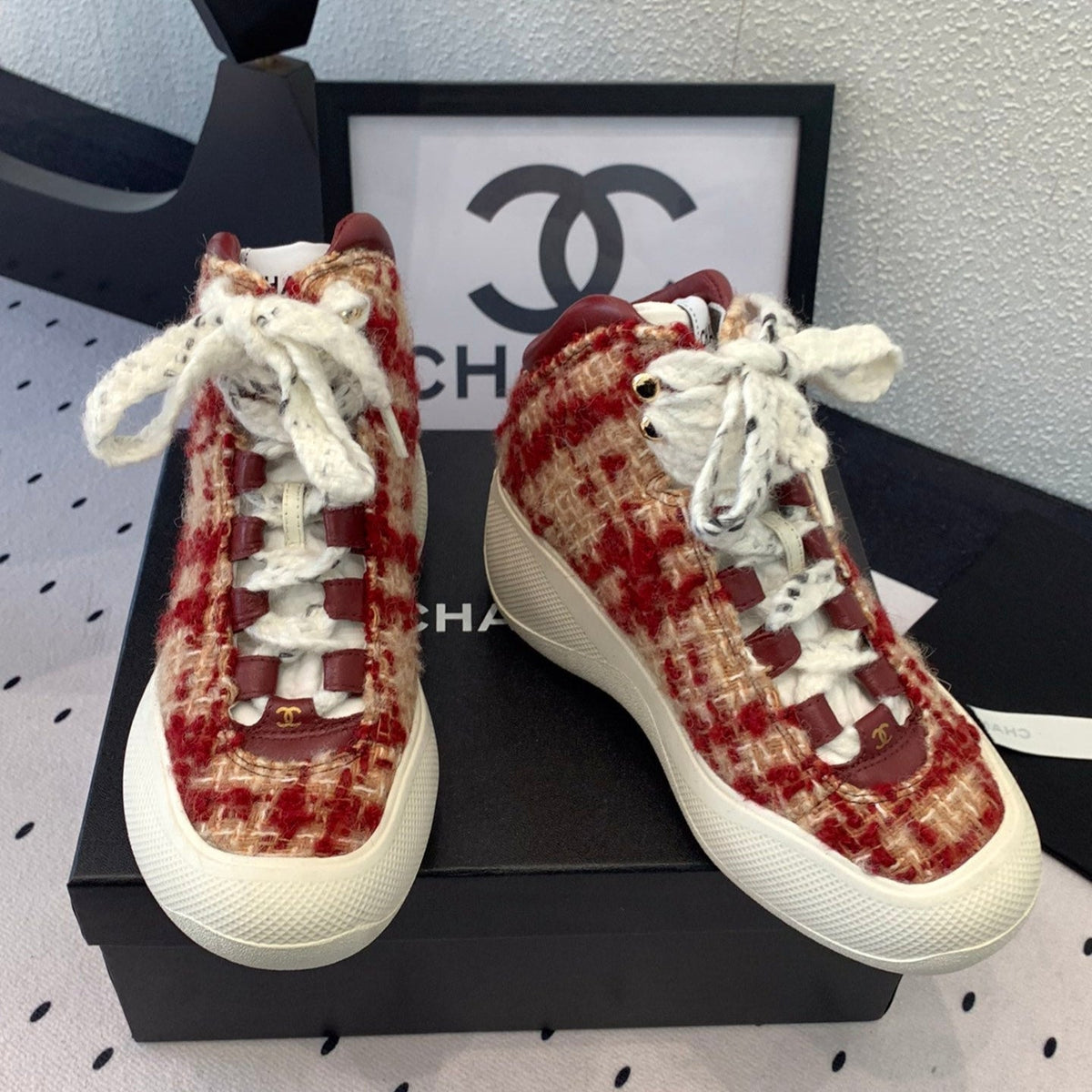 CC Sneaker Boots In Red Mix Beige Tweed Fabric 147111