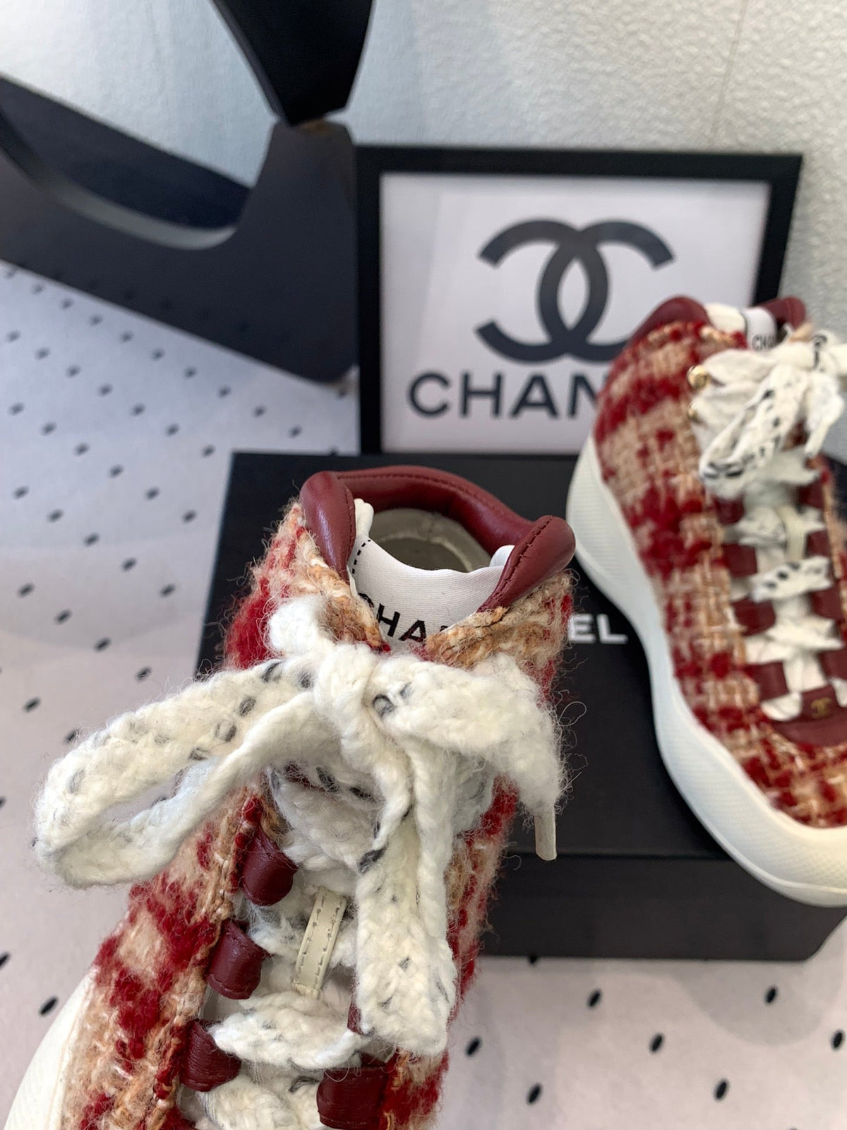 CC Sneaker Boots In Red Mix Beige Tweed Fabric 147111