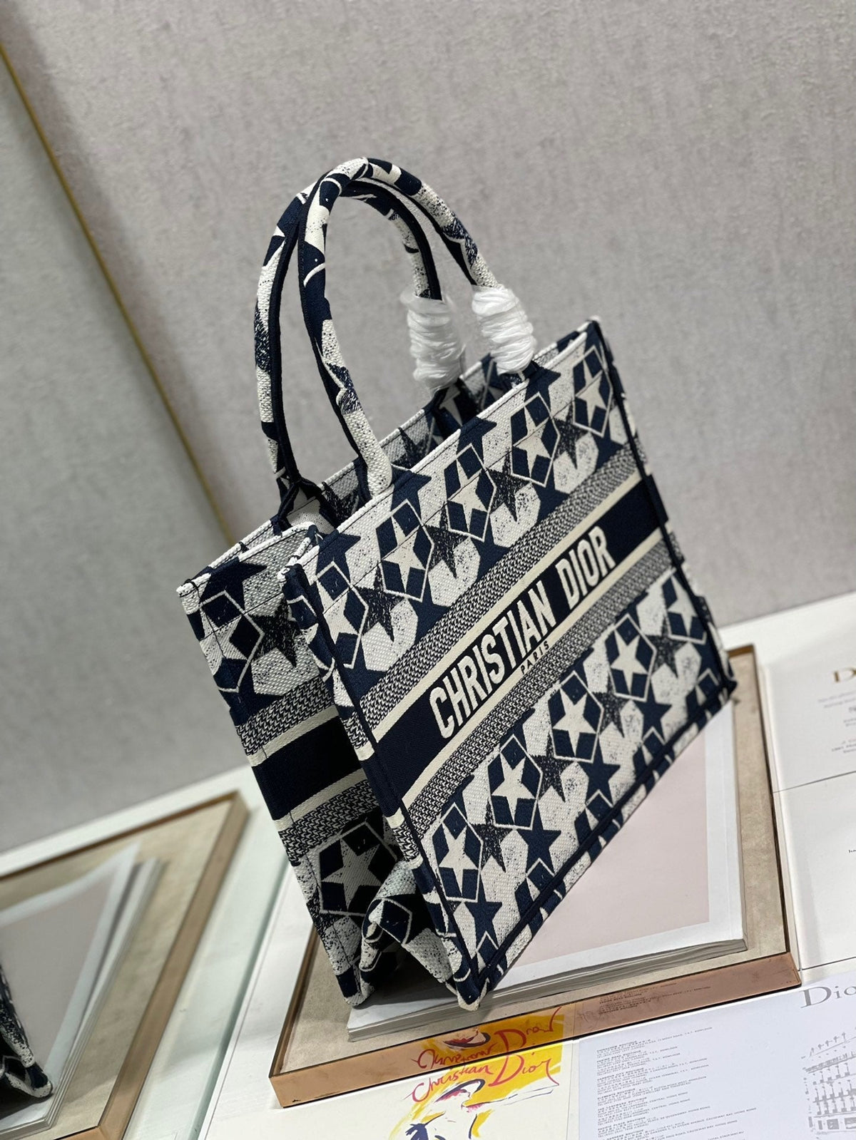 CD Five-pointed Star Book Tote 36cm Bag Blue White Canvas 336522