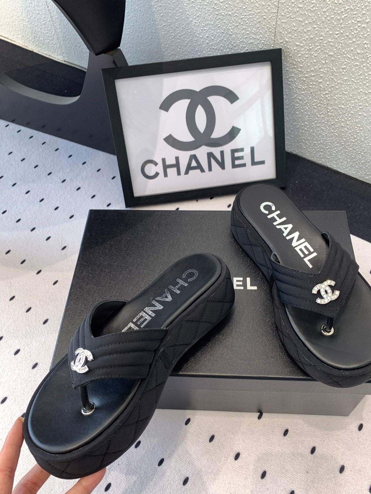 CC Thong Slippers In Black Denim Fabric 147053