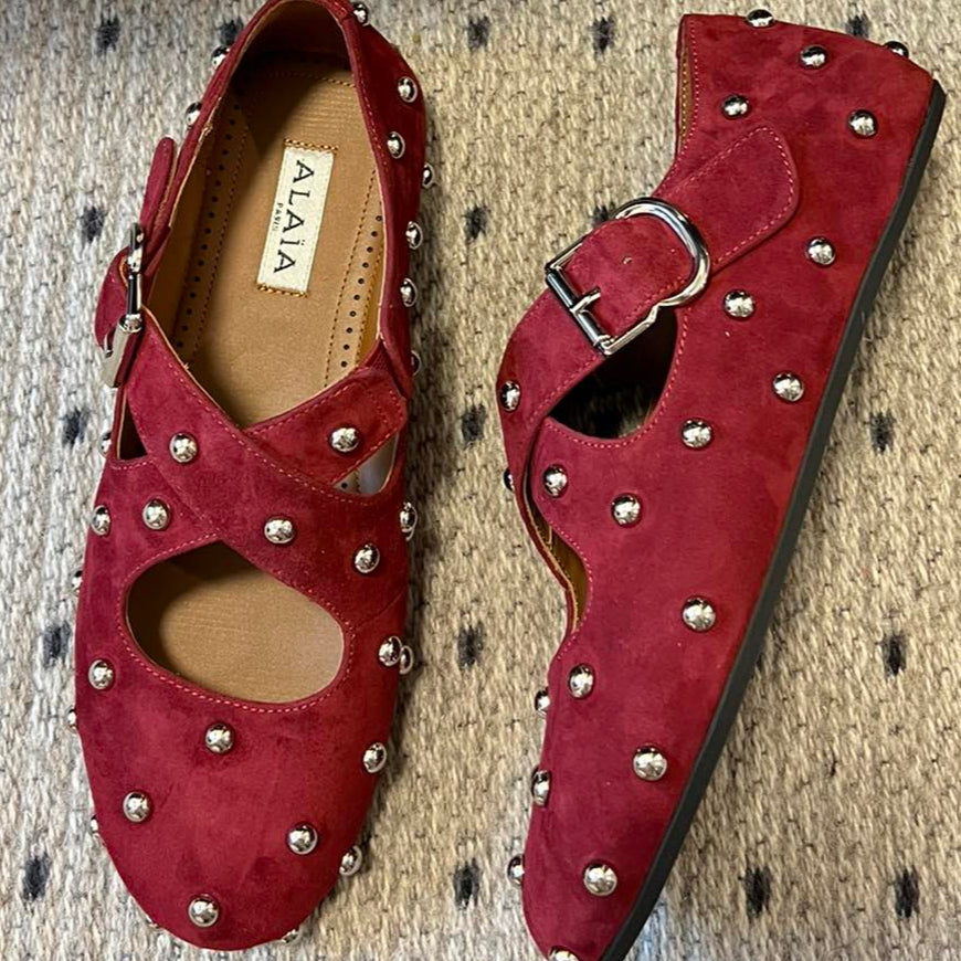 Alaia 25 Criss Cross With Stud Ballet Flats Ruby Red Suede Sheepskin 303690