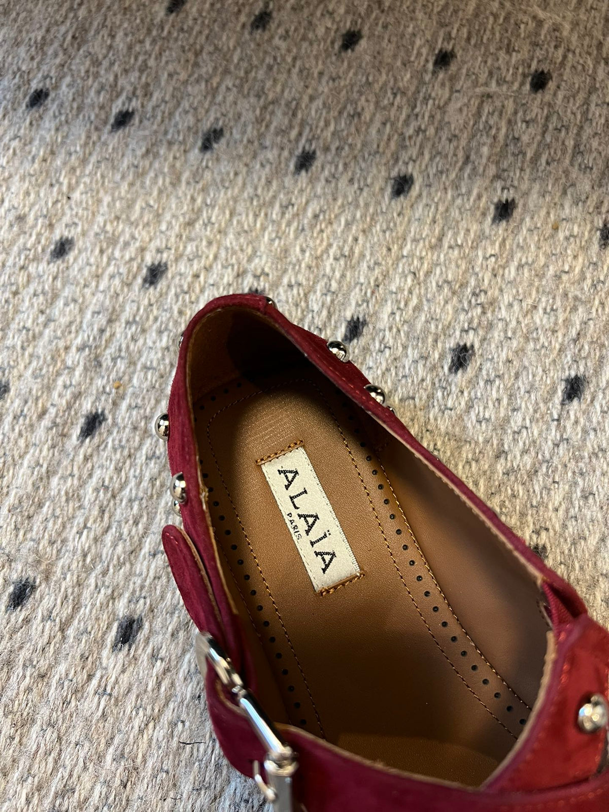 Alaia 25 Criss Cross With Stud Ballet Flats Ruby Red Suede Sheepskin 303690
