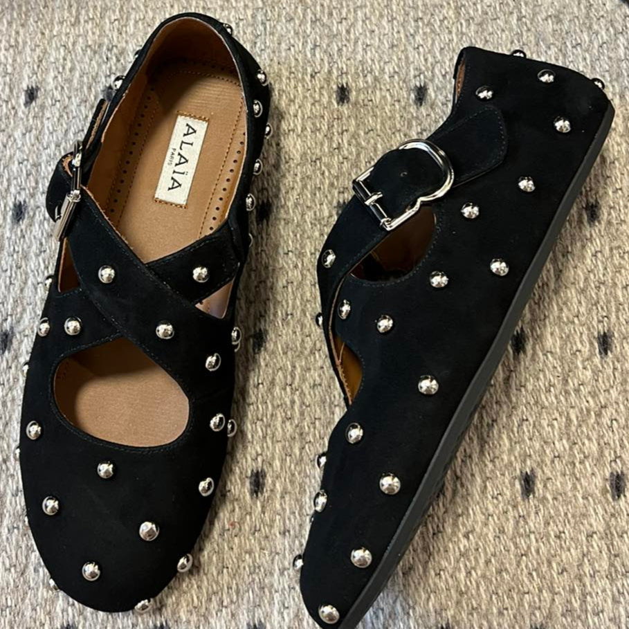 Alaia 25 Criss Cross With Stud Ballet Flats Black Suede Sheepskin  303693