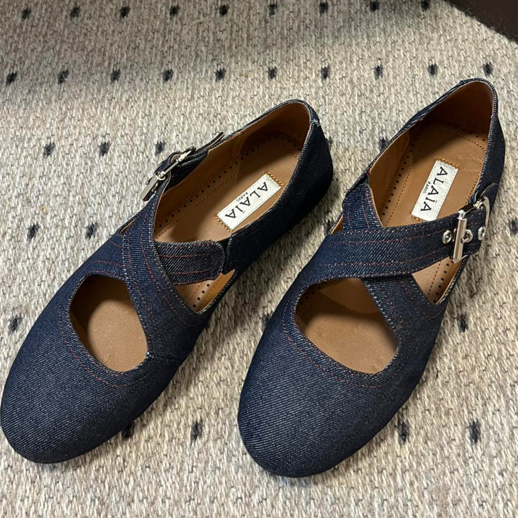Alaia 25 Criss Cross With Stud Ballet Flats Denim Blue Sheepskin 303695