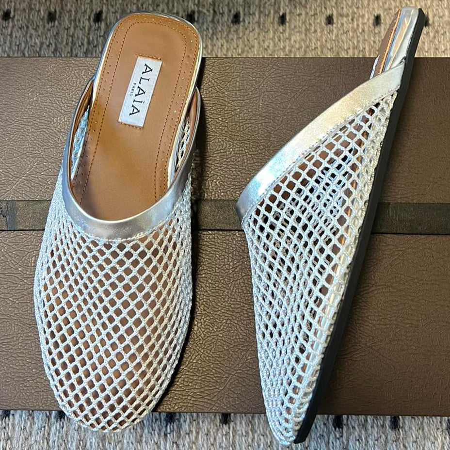Alaia 25 Fishnet Flat Mules Silver Lampskin 303679