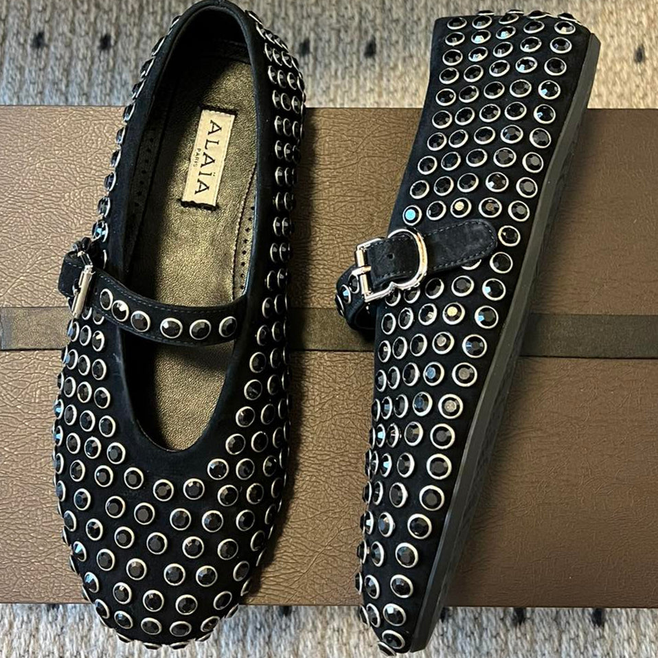 Alaia 25 Strass Ballet Flats Black Suede Goatskin 303726