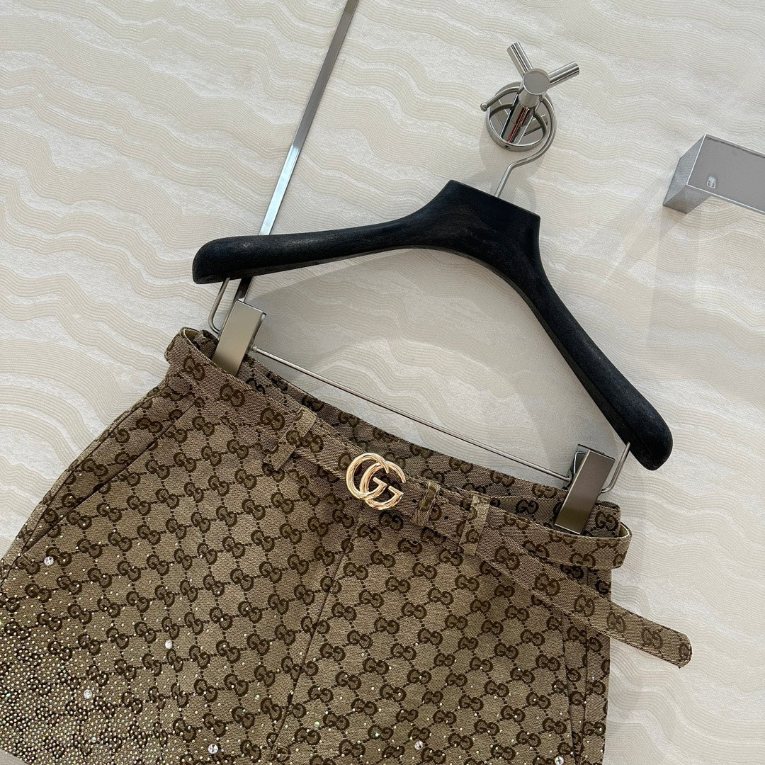 Gucci GG Letter Jacquard Woven Shorts Light Brown Polyester Fiber