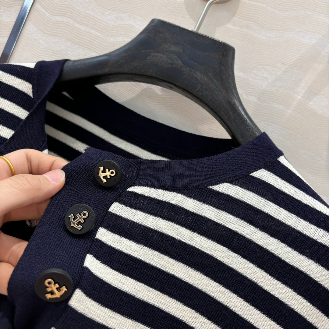 CD Striped Round-neck Knitted Top Navy Blue White Tencel