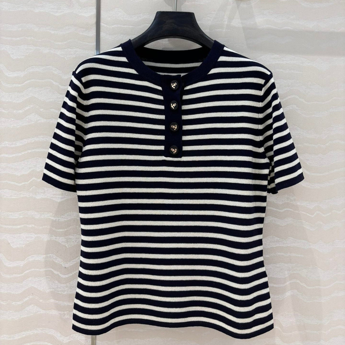 CD Striped Round-neck Knitted Top Navy Blue White Tencel