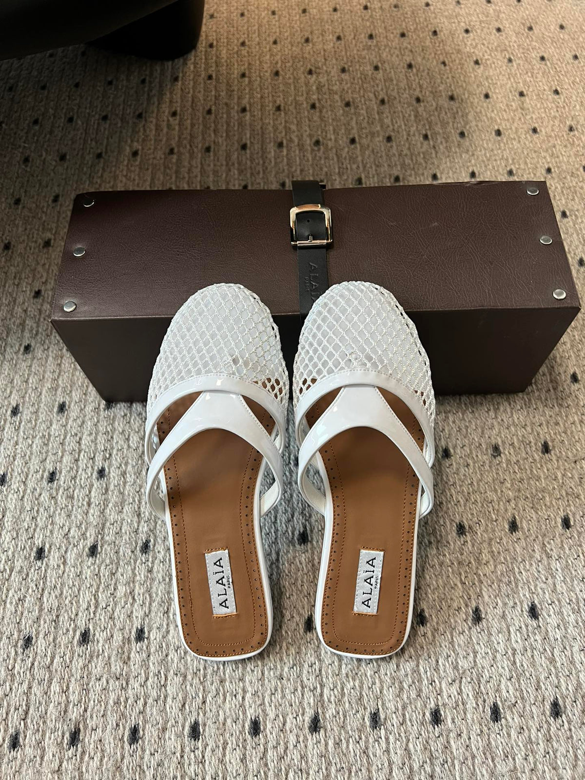 Alaia 25 Infradito Fishnet Flat Mules White Lampskin 303706