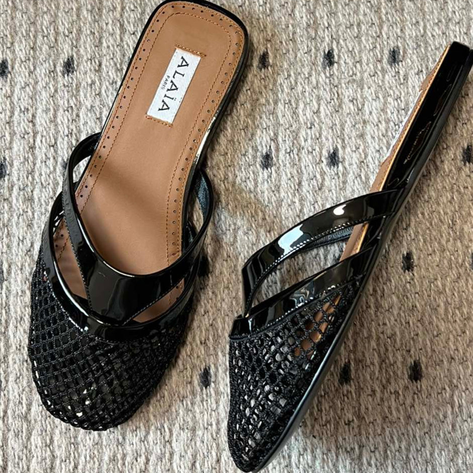 Alaia 25 Infradito Fishnet Flat Mules Black Lampskin 303708