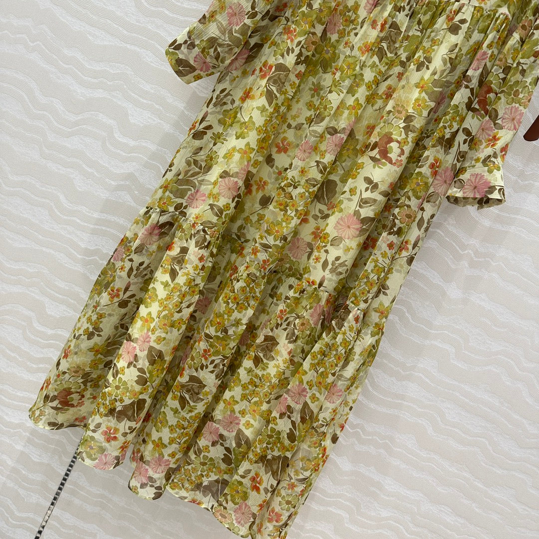 Celine Floral Pattern Dress Green Silk