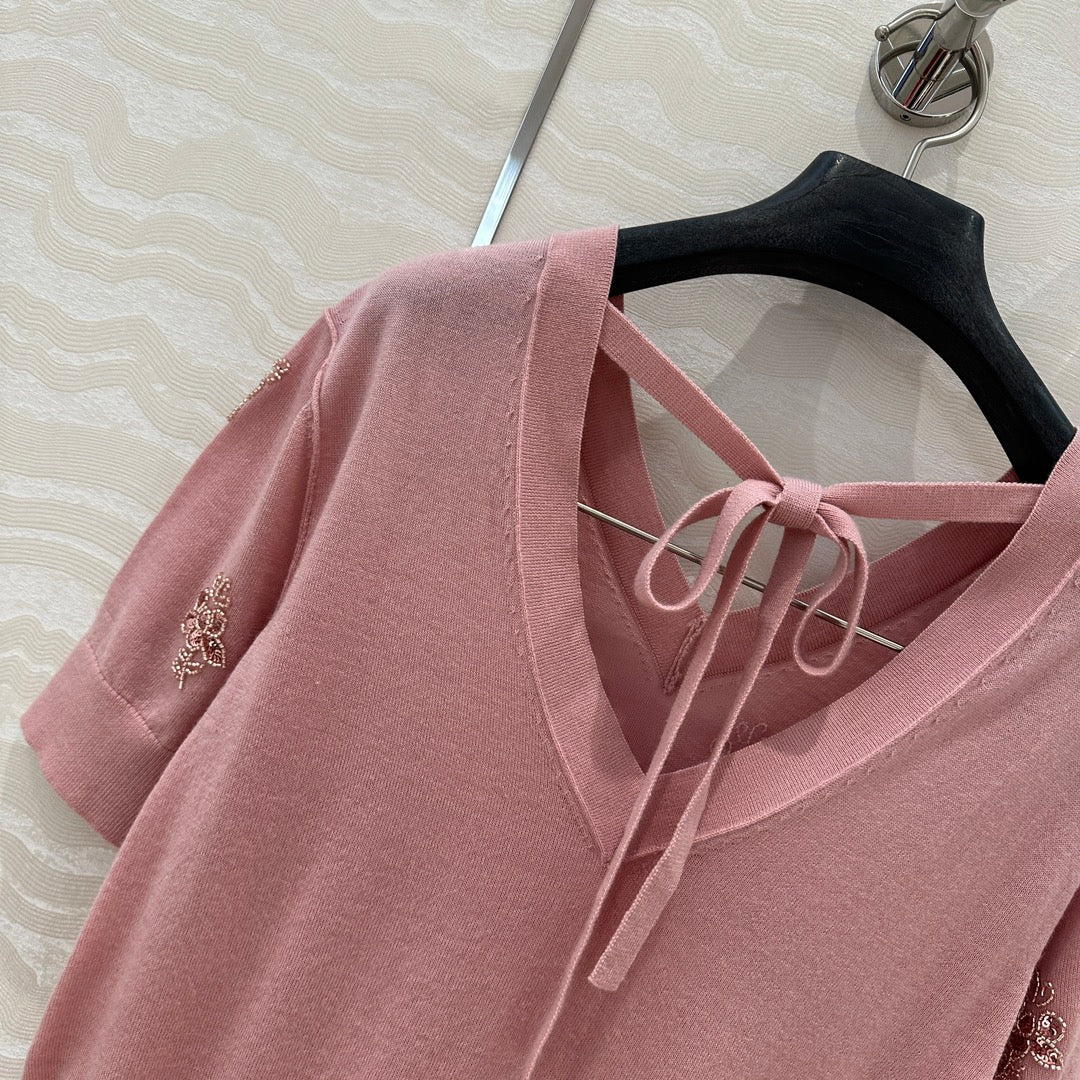 Fendi Beaded Flower V-neck Knitted Small Top Pink Wool
