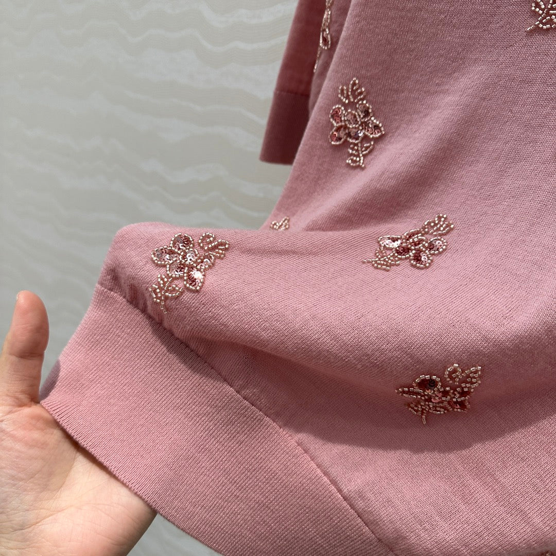 Fendi Beaded Flower V-neck Knitted Small Top Pink Wool