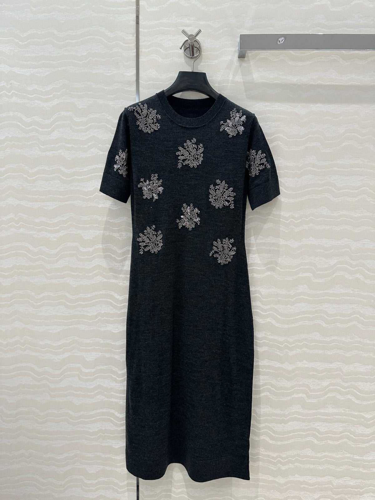 Fendi Beaded Flower Knitted Dress Black Gray Wool
