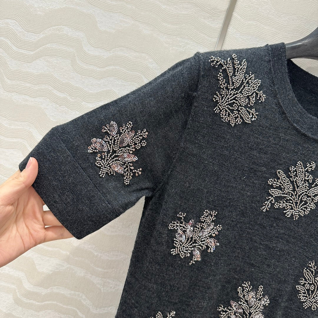Fendi Beaded Flower Knitted Dress Black Gray Wool