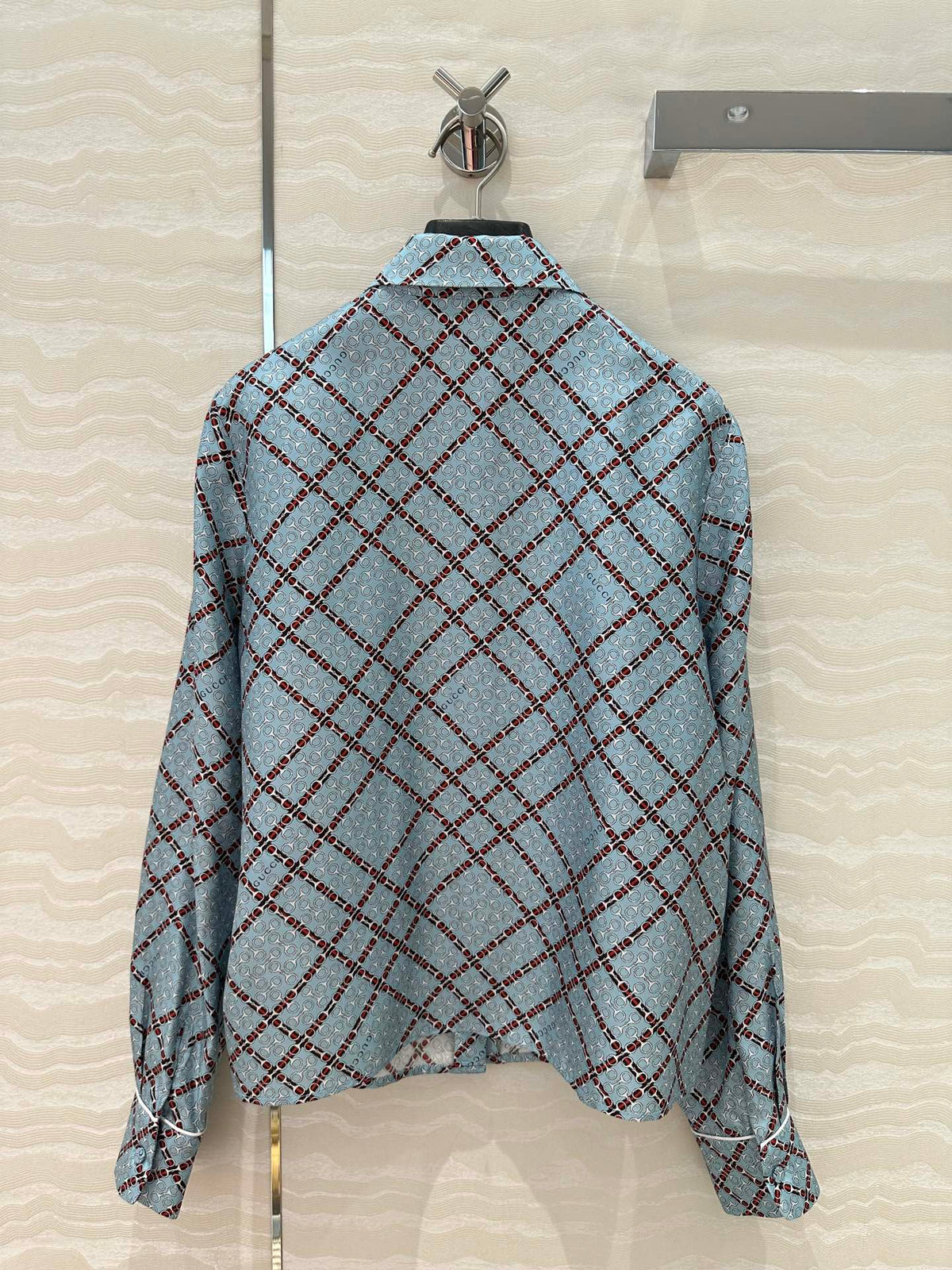 Gucci 25 Monogram Shirt Blue Red Silk