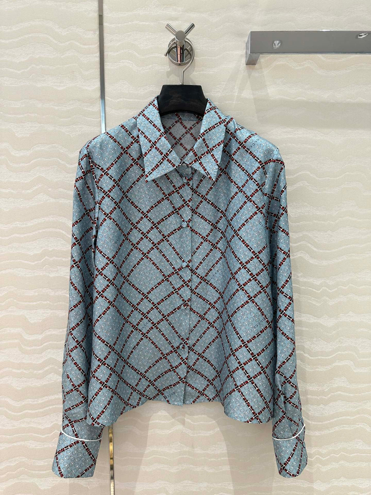 Gucci 25 Monogram Shirt Blue Red Silk