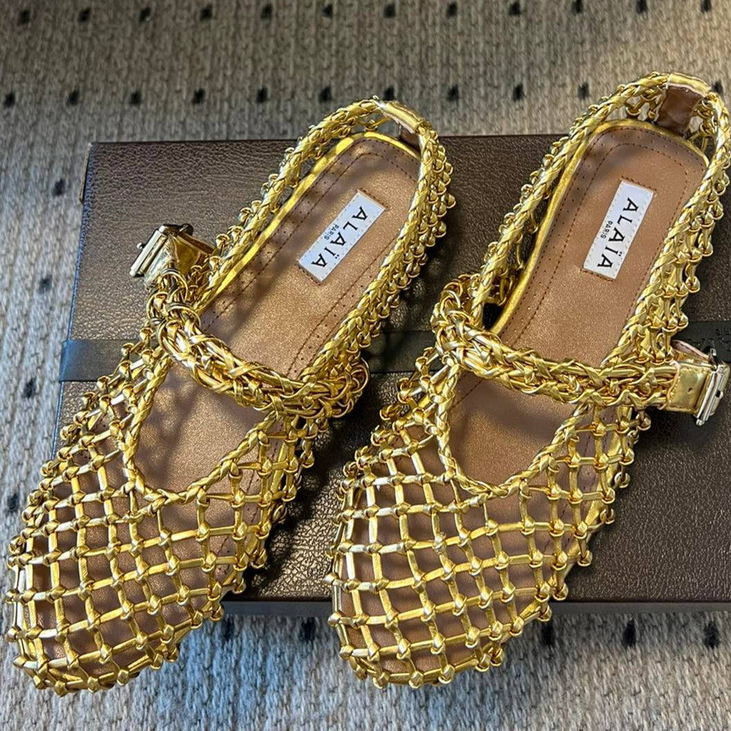 Alaia 25 Woven Ballet Flats Gold Metallic Leather 303675