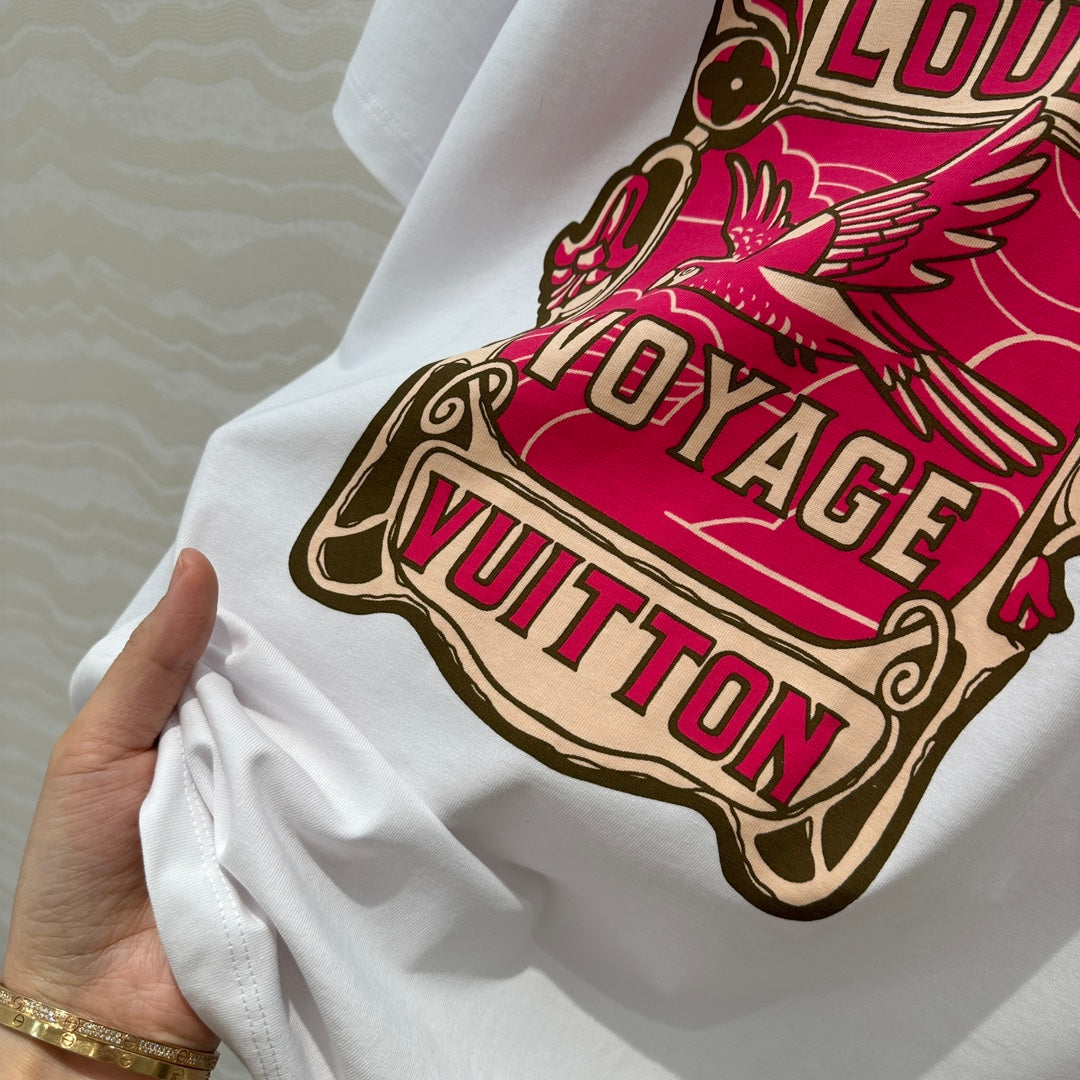 LV Floral Pattern Combined With Flying Birds White Pink Cotton