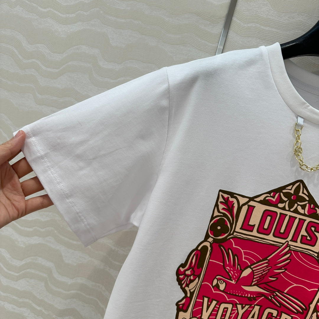 LV Floral Pattern Combined With Flying Birds White Pink Cotton