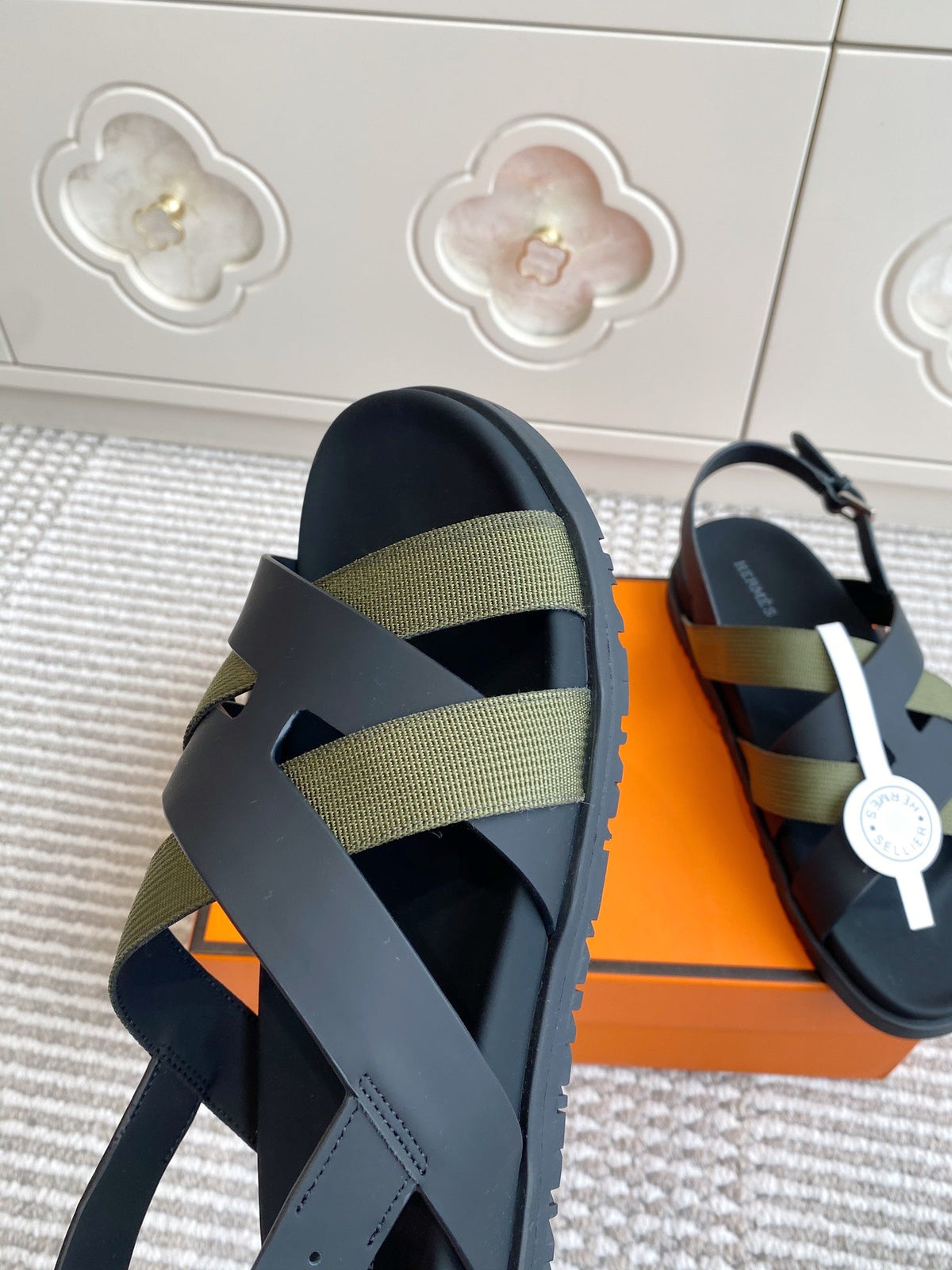 HM Heracles Sandals Black Army Green Calfskin 291450