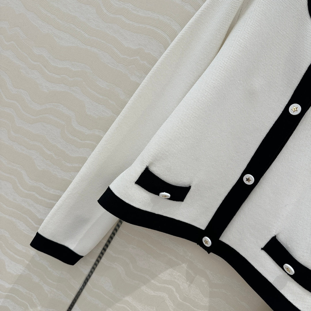CD Round Neck Cardigan Jacket White Wool Cotton