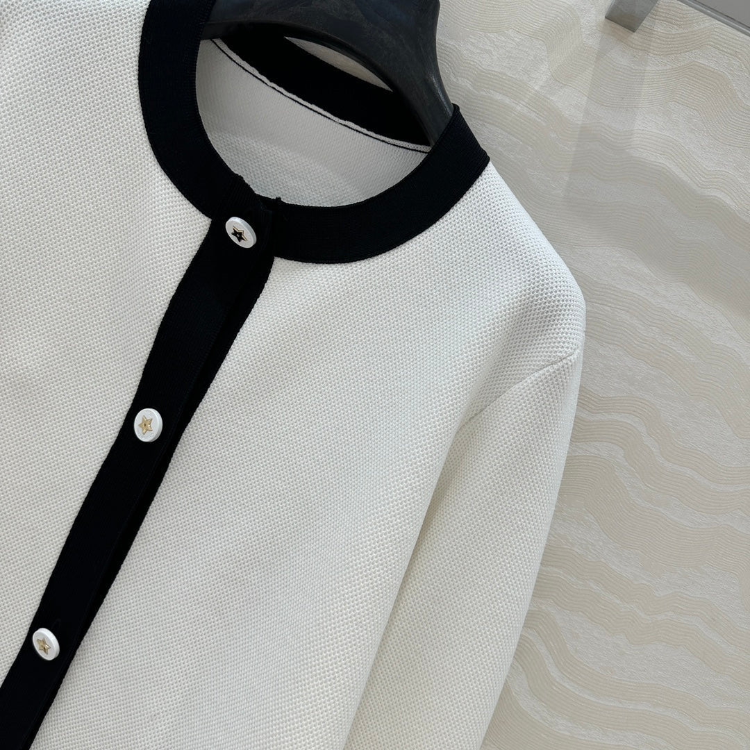 CD Round Neck Cardigan Jacket White Wool Cotton