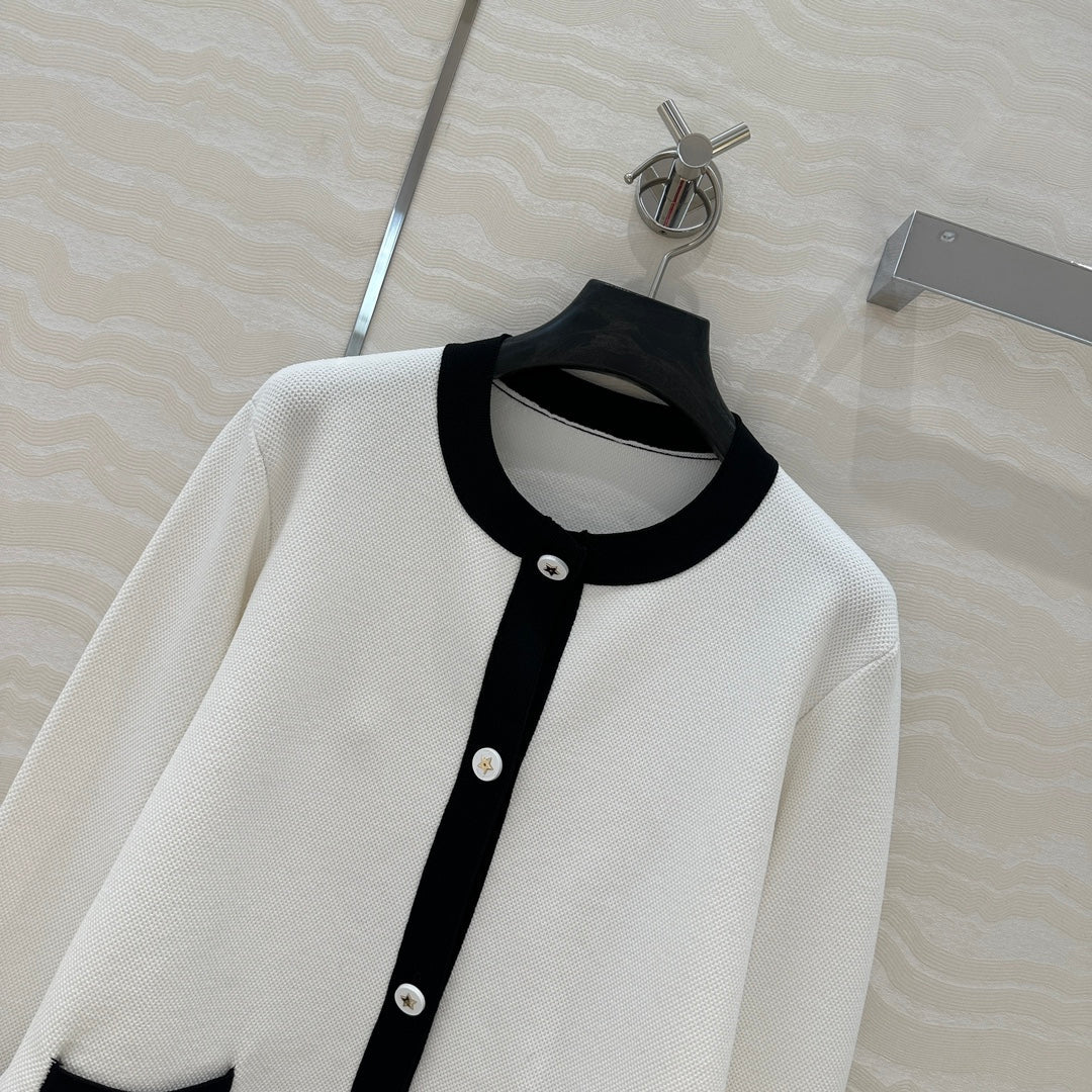 CD Round Neck Cardigan Jacket White Wool Cotton