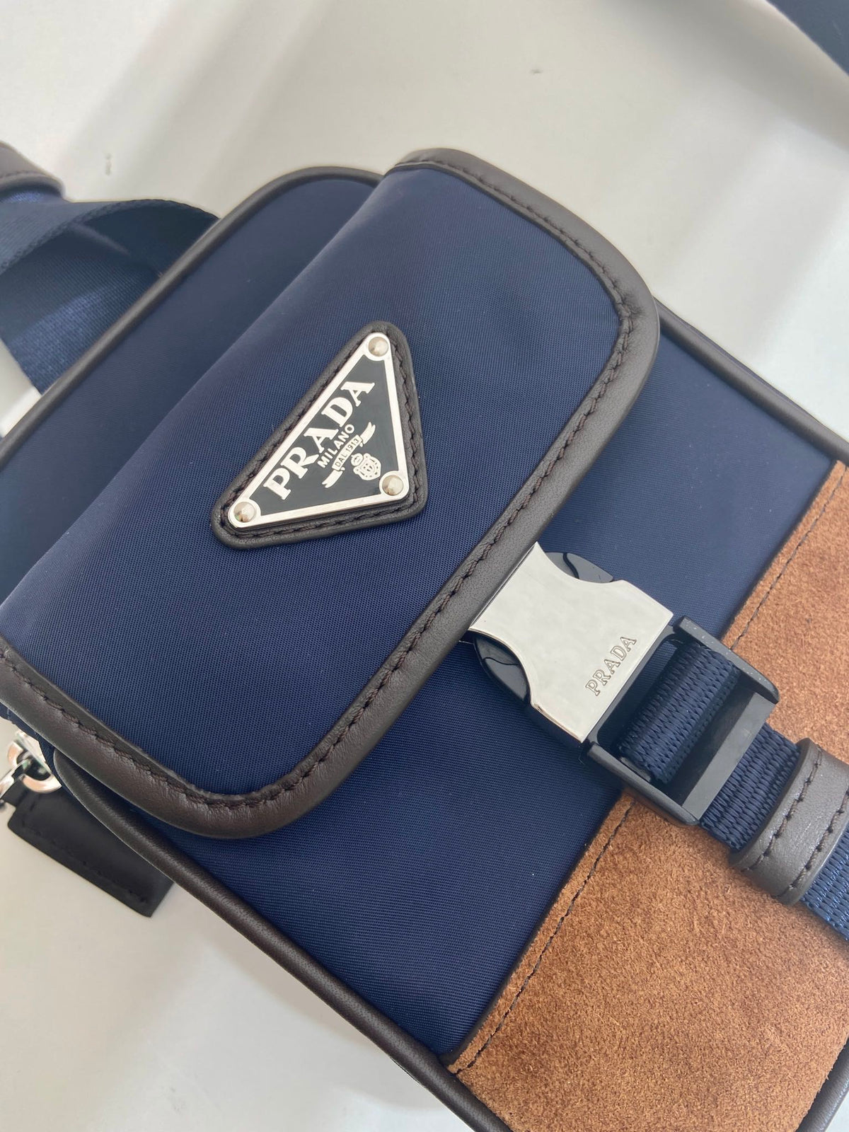 Prada 2026 Mobile Phone Chest Bag Blue Brown Recycled Nylon With Saffiano Leather