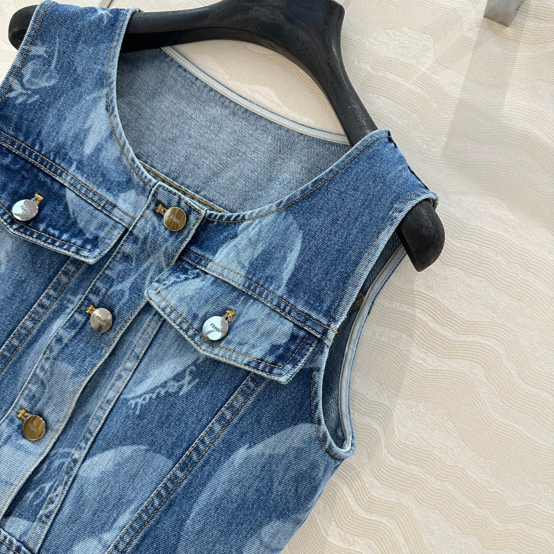 Fendi Flower Vest Dress Blue cotton