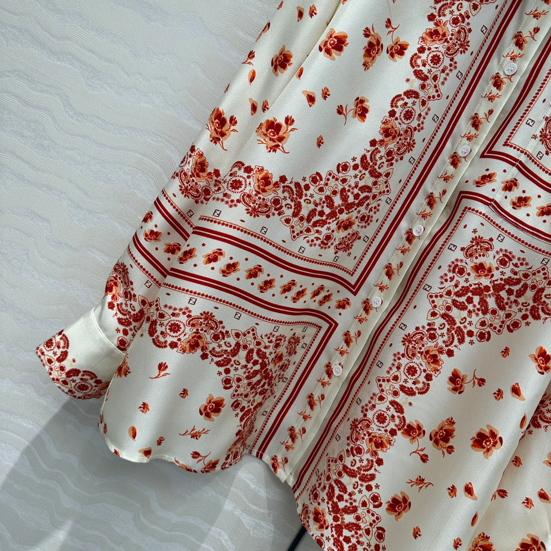 Fendi Flower Shirt Red Silk