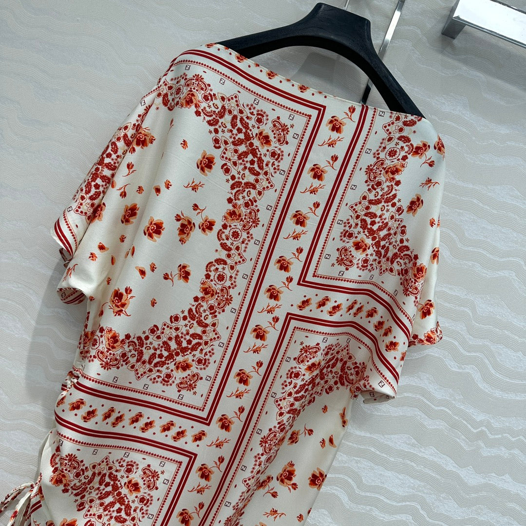 Fendi Flower Dress Red Silk