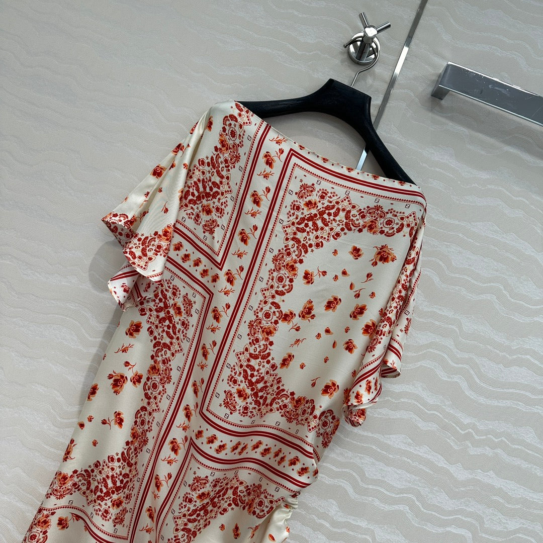 Fendi Flower Dress Red Silk