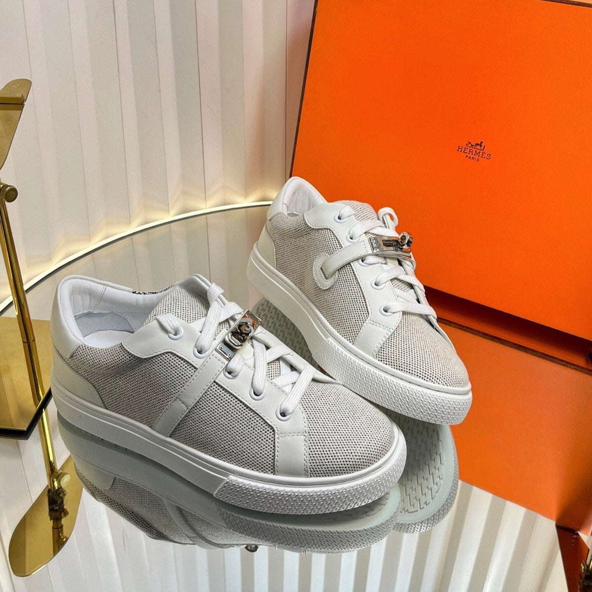 HM Kelly Sneaker White Cowhide Fabric 317055