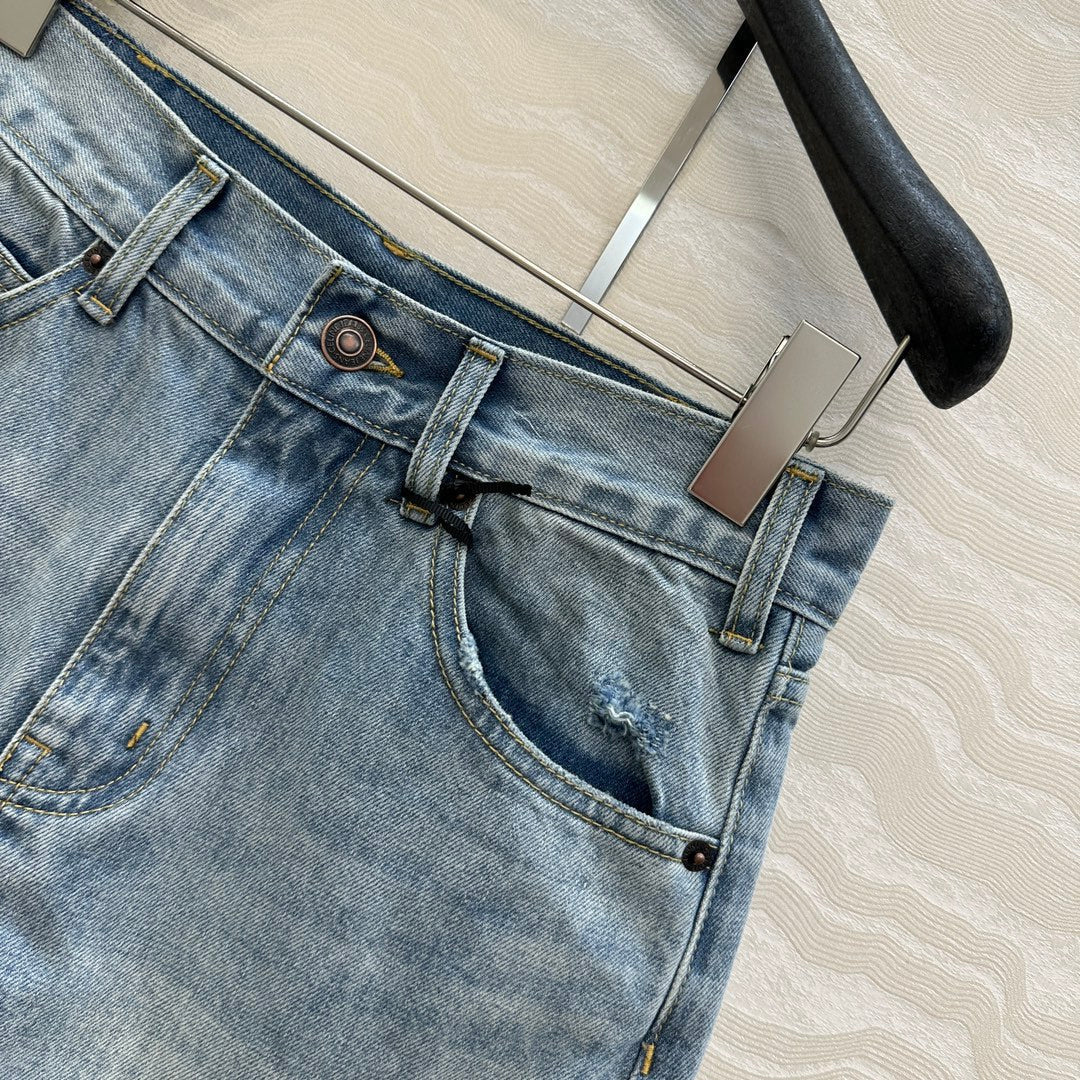 Celine Logo Embroided Denim Short Light Blue Cotton