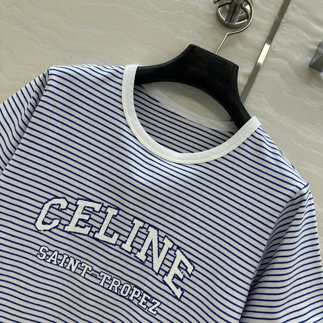 Celine 25 Striped Letter Short-sleeved T-shirt Blue White Cotton