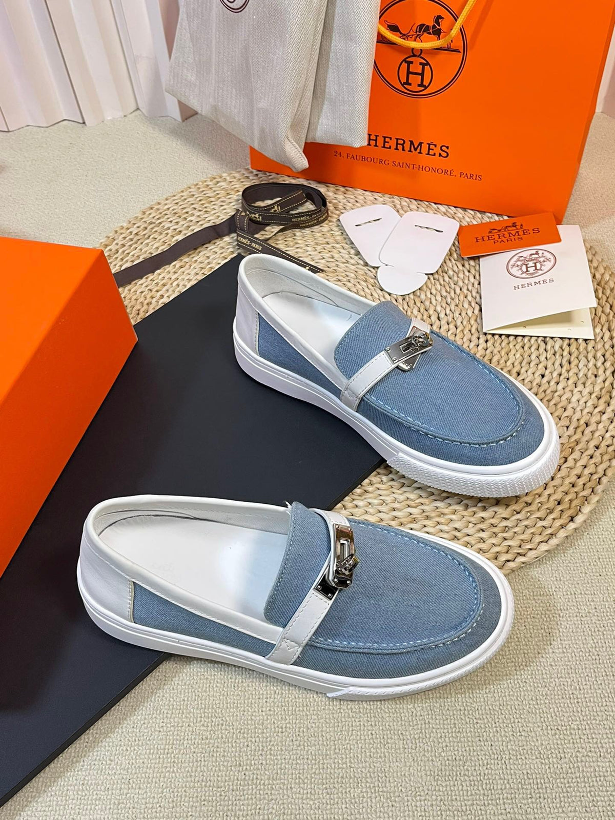 HM Denim Loafer Blue White Cowhide Cloth 317048