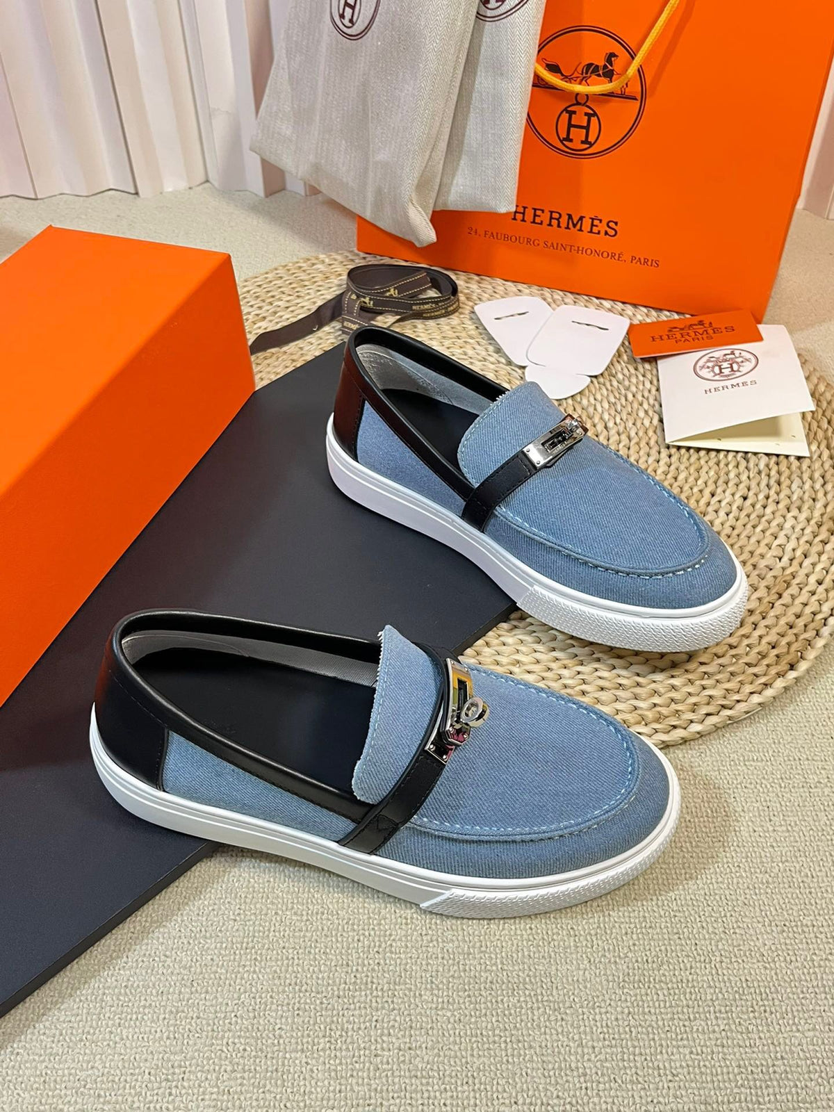 HM Denim Loafer Blue Black Cowhide Cloth 317049