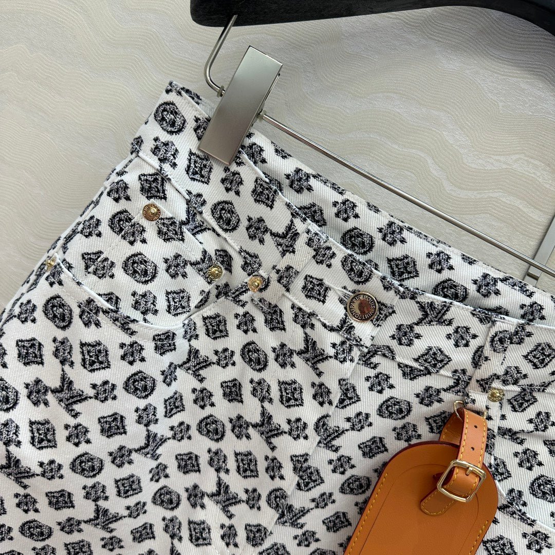 LV 25 Modern Logo Denim Pants Black White Poliester