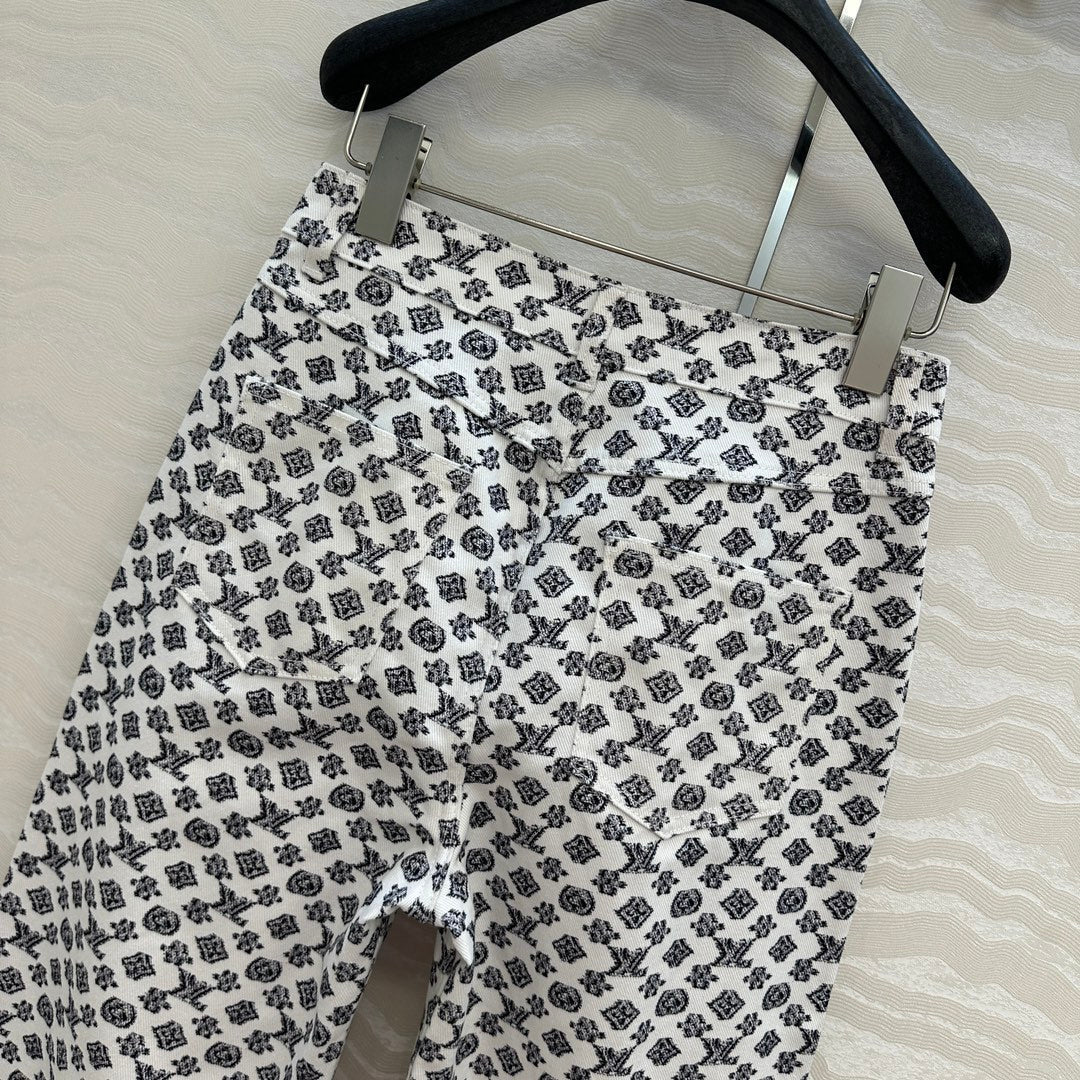 LV 25 Modern Logo Denim Pants Black White Poliester